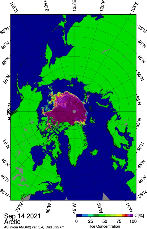  This map shows Arctic sea ice concentration based on data from the Advanced Microwave Scanning Radiometer 2 (AMSR2) data as of September 14, 2021. Yellows indicate sea ice concentration of 75 percent; dark purples indicate sea ice concentration of 100 percent.