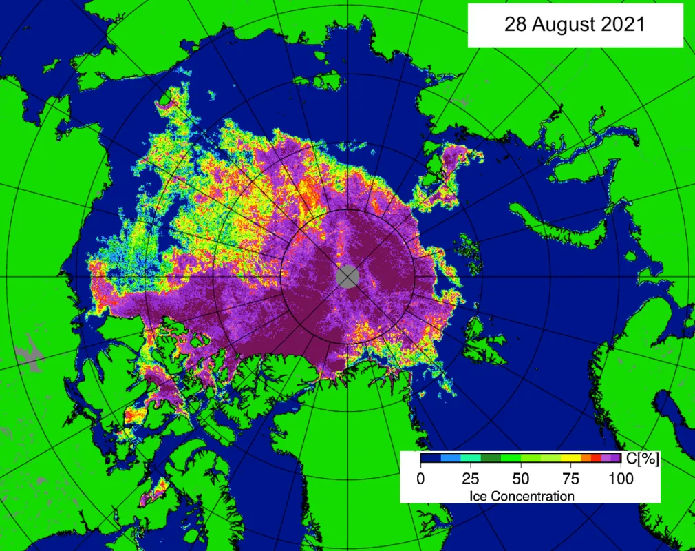  This map shows Arctic sea ice concentration based on data from the Advanced Microwave Scanning Radiometer 2 (AMSR2) data as of August 28, 2021. Yellows indicate sea ice concentration of 75 percent, dark purples indicate sea ice concentration of 100 percent.