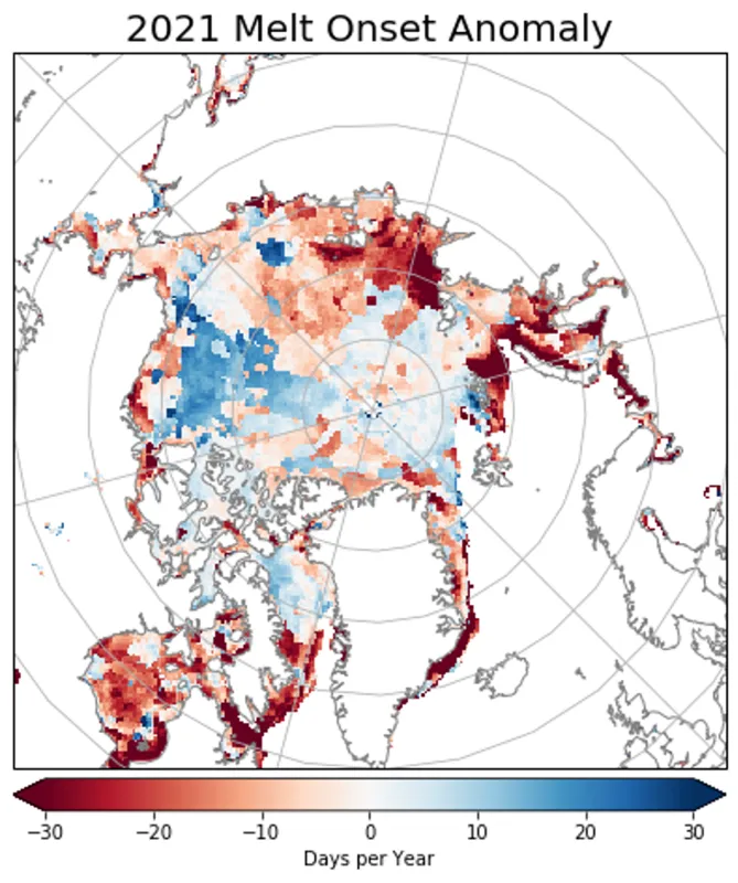 This map shows the date of sea ice melt onset in the Arctic for the 2021 melt season compared to the 1981 to 2010 average. Shades in red depict sea ice melt up to 30 days earlier than average, while shades in blue depict melt up to 30 days later than average.