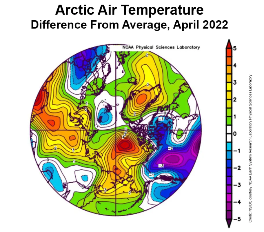 Spherical plot showing departure of air temperature from the average air temperature over the Arctic.