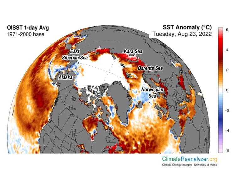 Map showing sea surface temperatures for the Arctic and surrounding regions.