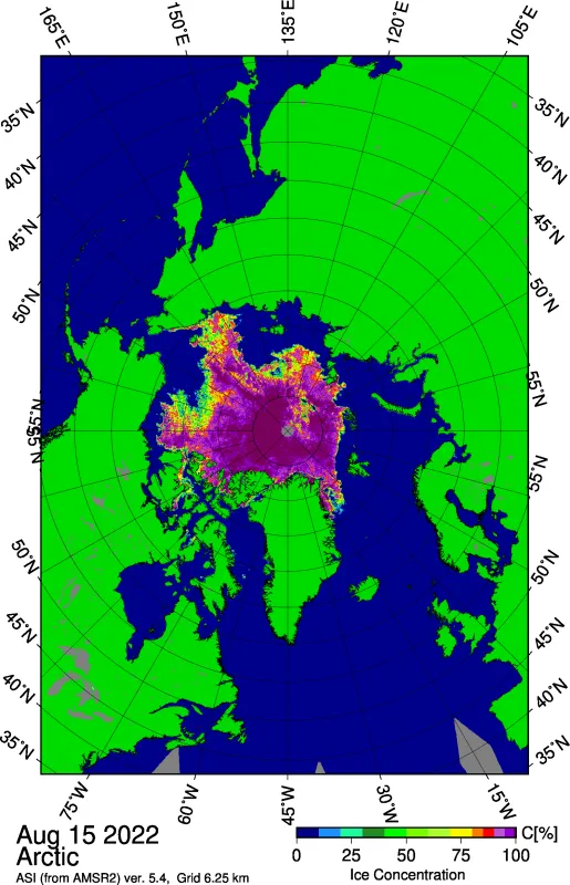 Map showing Arctic sea ice concentration based on data from the Advanced Microwave Scanning Radiometer-2 (AMSR-2) data.