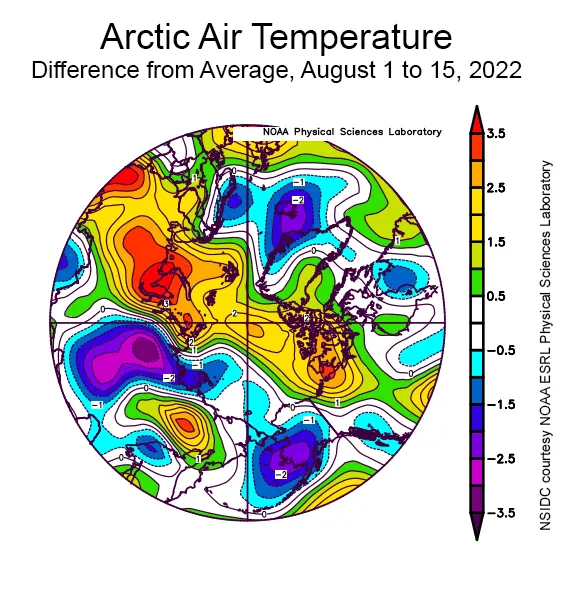 Spherical plot showing the departure of average air temperature over the Arctic.