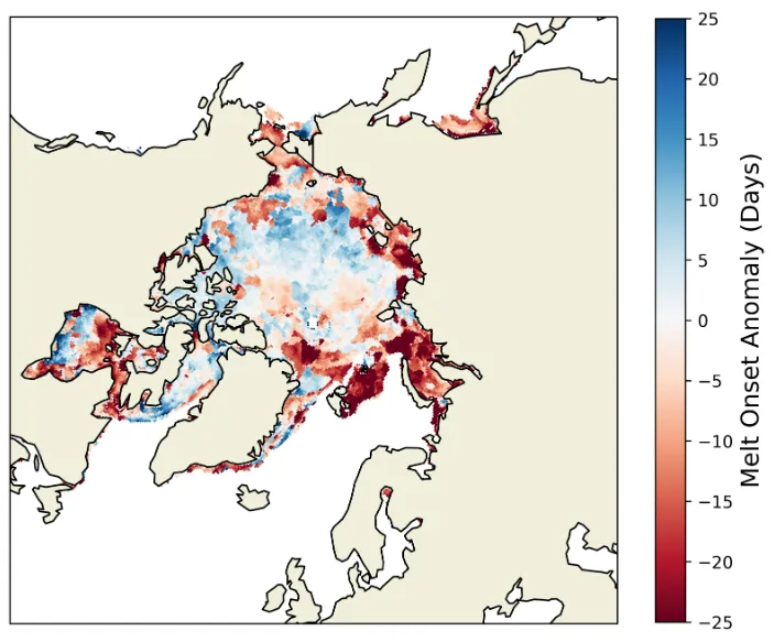 Map showing the date of sea ice melt onset in the Arctic for various years.