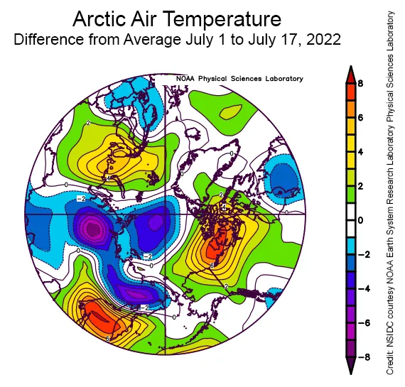 Spherical plot showing departure of air temperature from the average air temperature over the Arctic.