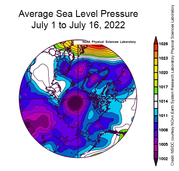 Spherical plot showing average sea level pressure in the Arctic.