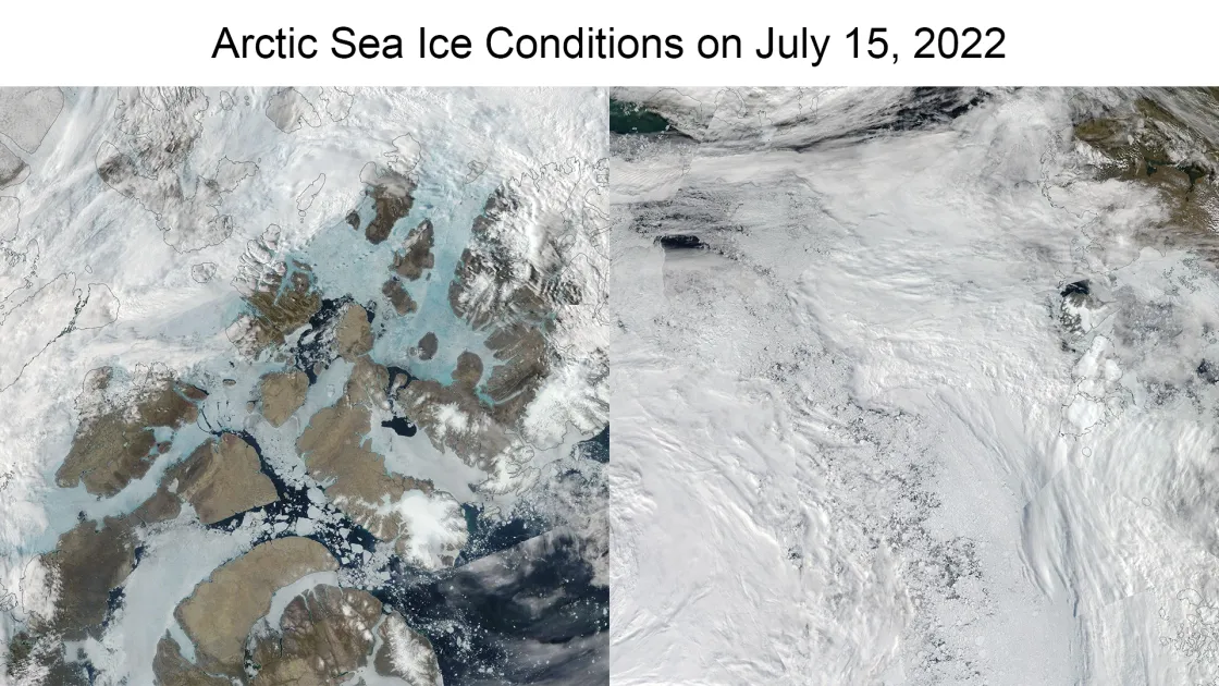 Sea ice conductions over the Arctic shown through two NASA WorldView True Color images.