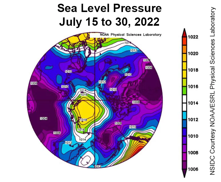 Spherical plot showing average sea level pressure in the Arctic.