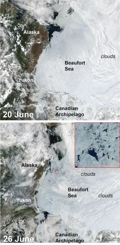 MODIS images of the Arctic showing the development of melt ponds on the ice.