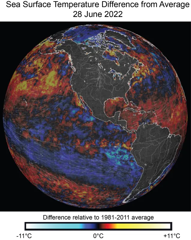 Image of globe showing sea surface temperature differences from average.