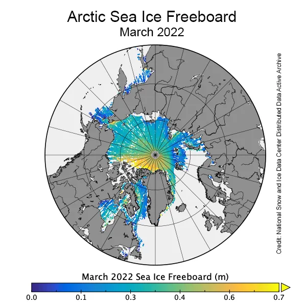 Map of the Arctic showing estimates of sea ice freeboard.