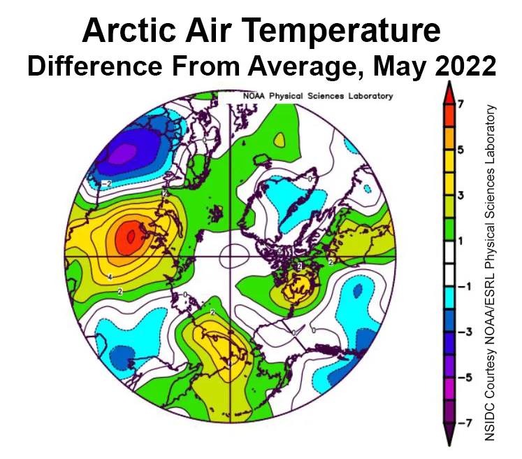 Spherical plot showing departure of air temperature from the average air temperature over the Arctic.