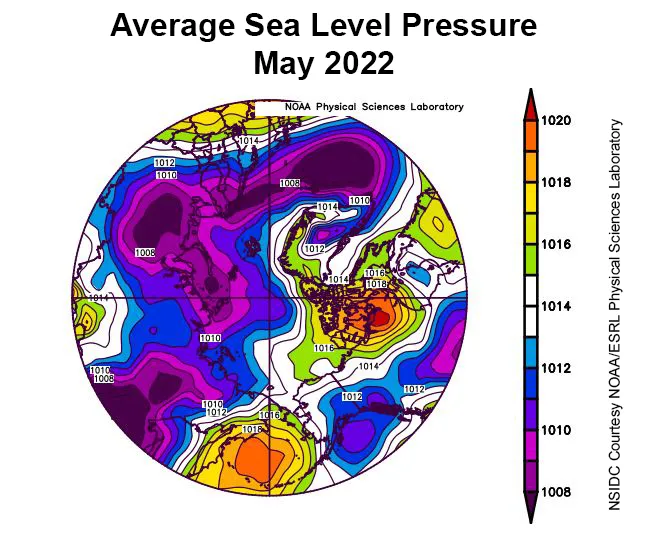 Spherical plot showing average sea level pressure in the Arctic.