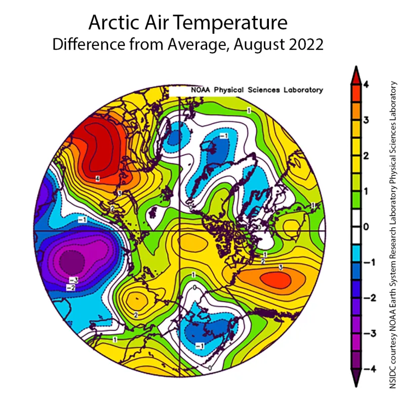 Spherical plot showing the departure of average air temperature over the Arctic.