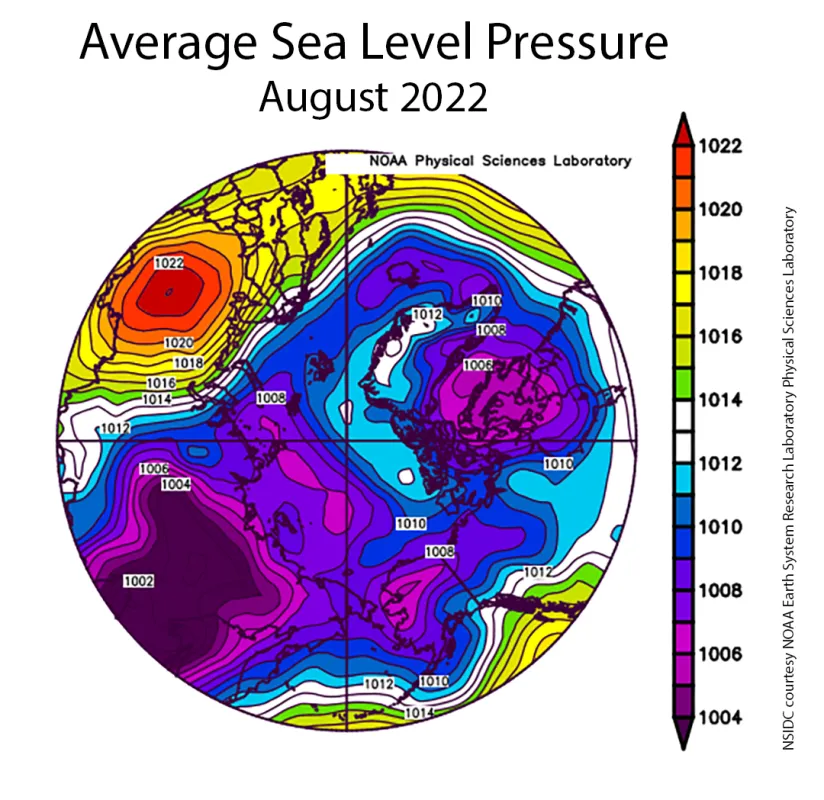 Spherical plot showing average sea level pressure over the Arctic.