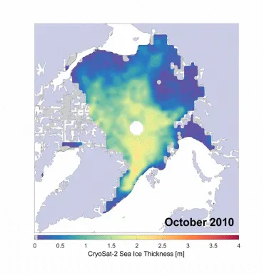 GIF showing Arctic sea ice thickness.