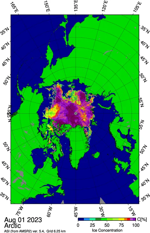 This map shows a large opening on August 1, 2023, in the Laptev and East Siberian Seas and extensive open water north of Alaska and the Mackenzie River Delta. Sea ice concentration data are from Advanced Microwave Scanning Radiometer 2 (AMSR2) imagery.