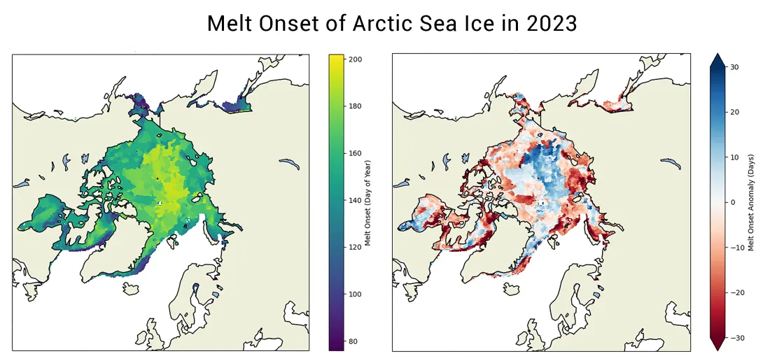 The map on the left shows the melt onset of Arctic Sea Ice for 2023. Different in 2023 melt onset date with the 1981 to 2010 melt date. Red indicates earlier than average melt onset; blue indicates later than average melt onset.