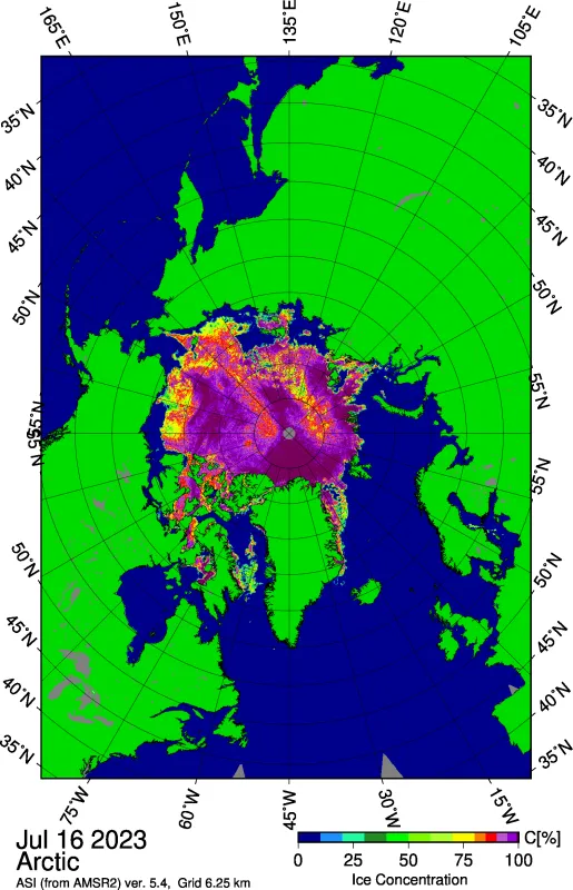 This map shows a large opening in the East Siberian Sea as well as several smaller openings within the pack further north of the polynya, and areas of low concentration in the Beaufort Sea north of Alaska. Sea ice concentration data are from Advanced Microwave Scanning Radiometer 2 (AMSR2) imagery.