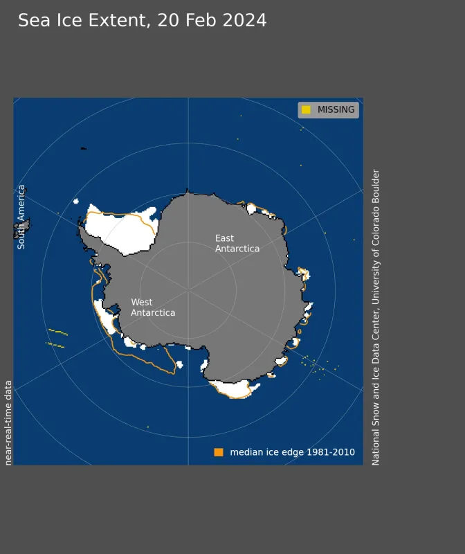 Antarctic sea ice extent for February 20, 2024, was 1.99 million square kilometers (768,000 square miles). 