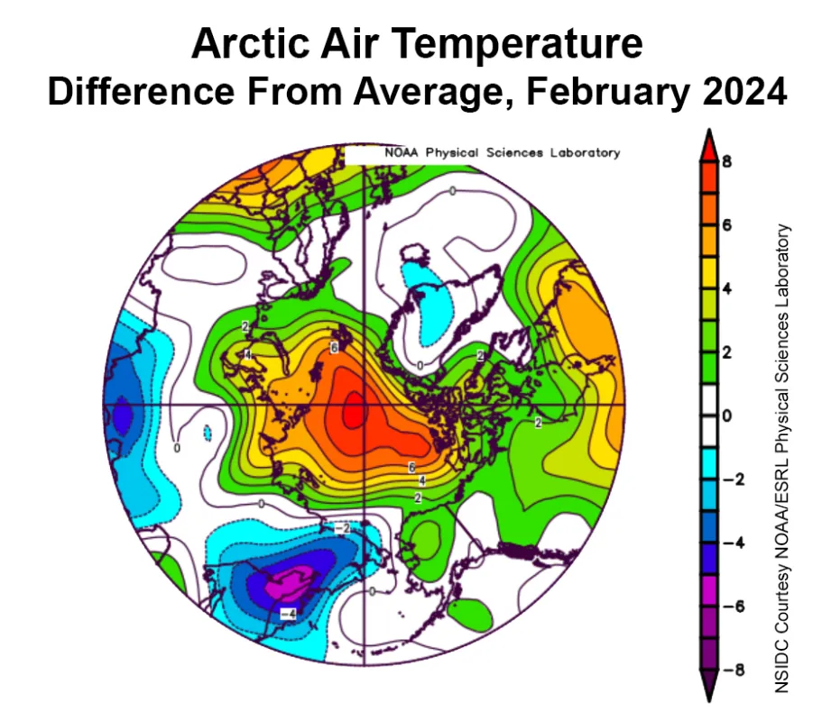 This plot shows the departure from average air temperature in the Arctic at the 925 hPa level, in degrees Celsius, for February 2024. Yellows and reds indicate above average temperatures; blues and purples indicate below average temperatures.