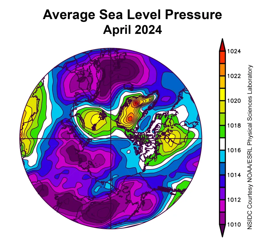 his plot shows the average sea level pressure in the Arctic in millibars for April 2024.