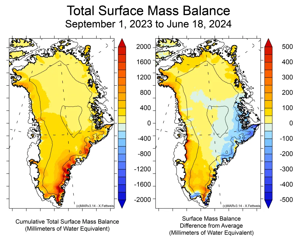 Total surface mass balance Sept 1, 2023 to June 18, 2024