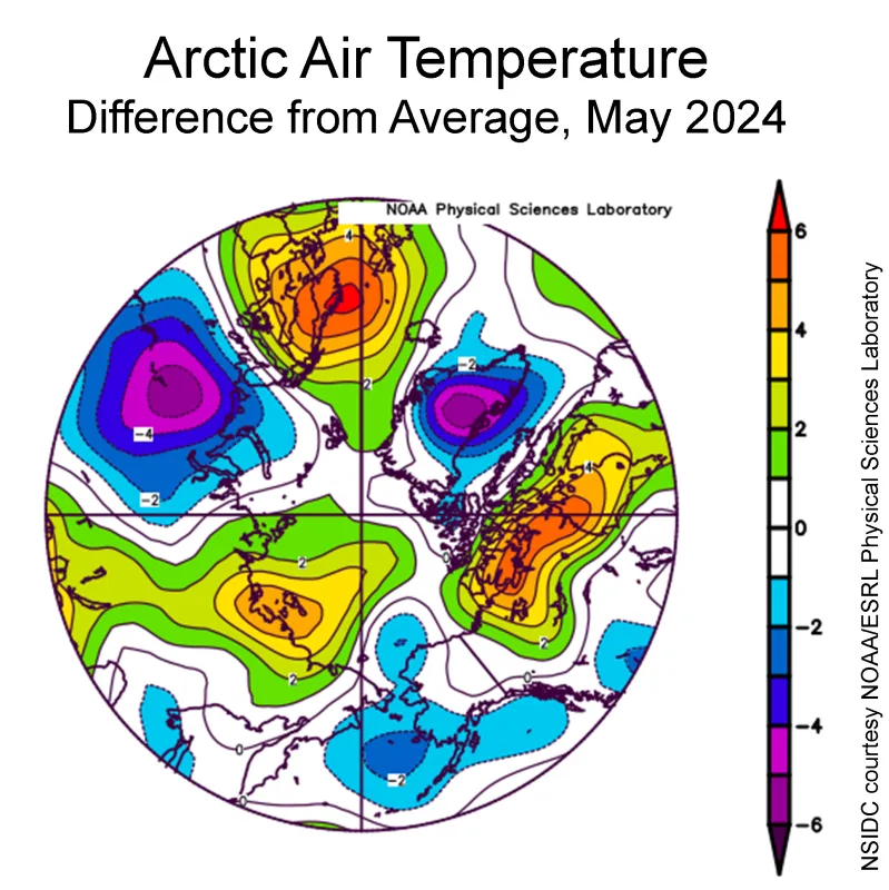  This plot shows the departure from average air temperature in the Arctic at the 925 hPa level, in degrees Celsius, for May 2024.