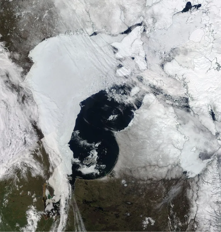 This NASA Moderate Resolution Imaging Spectroradiometer (MODIS) True Color image from May 26, 2024, shows the vast retreat of sea ice from the eastern coast Hudson Bay.