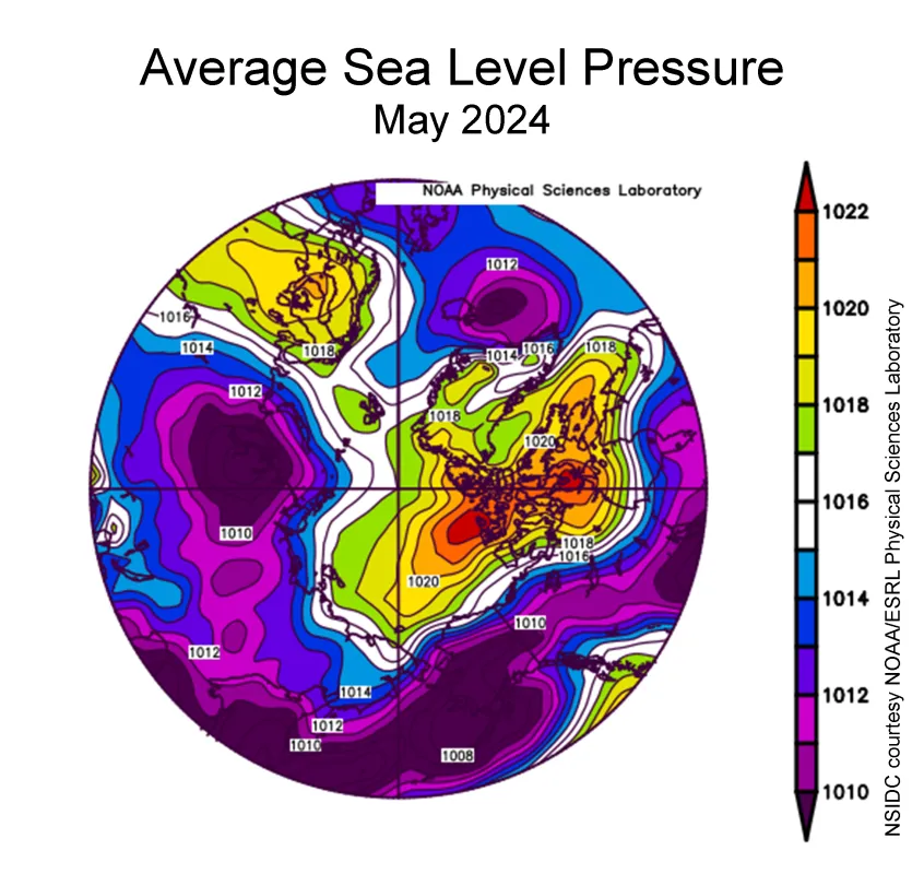  This plot shows average sea level pressure in the Arctic in millibars for May 2024