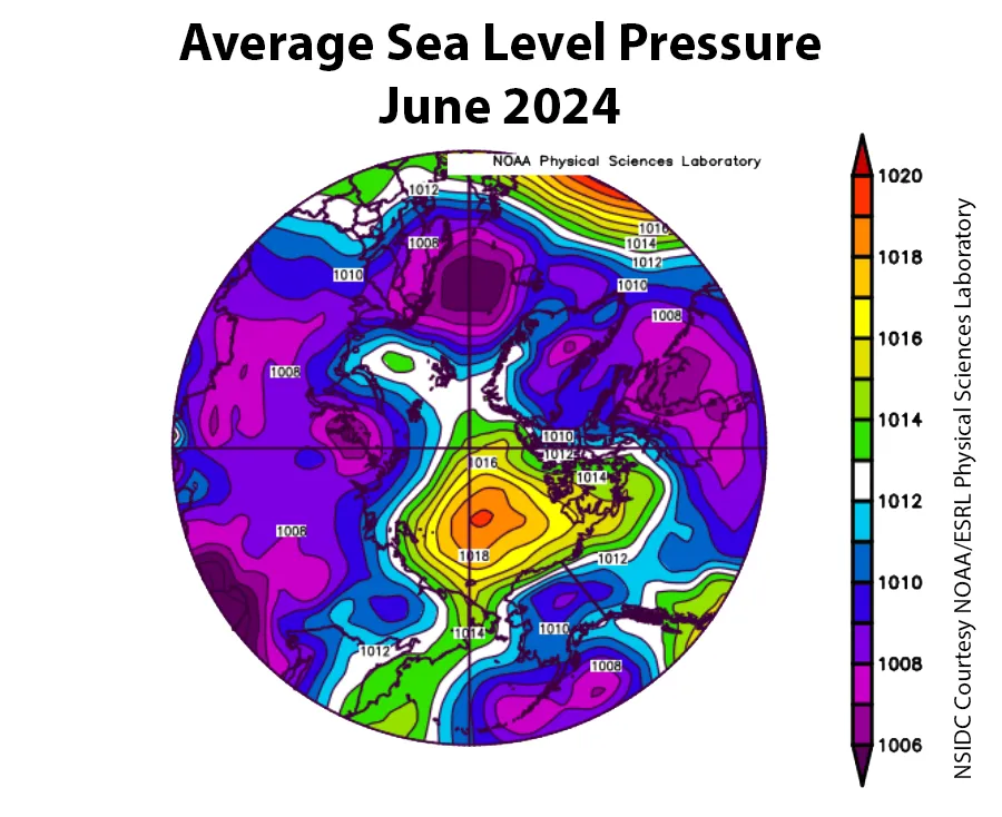 This plot shows average sea level pressure in the Arctic in millibars for June 2024.