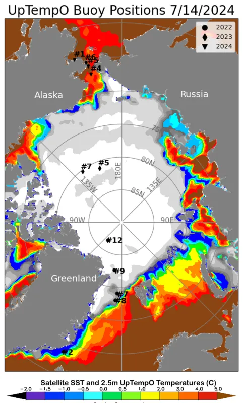 This map of the Arctic shows sea surface temperatures (SST) on July 14, 2024. SST data are from the National Ocean and Atmospheric Administration (NOAA)