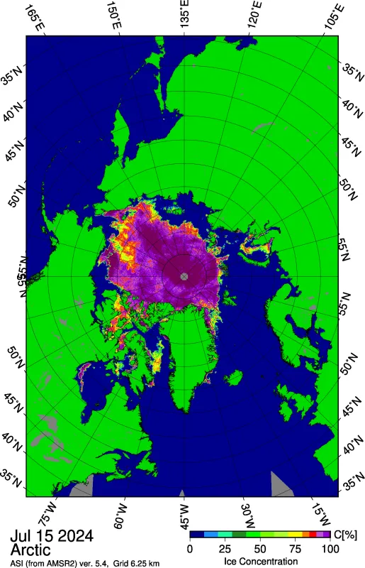 This image from the Japan Aerospace Exploration Agency (JAXA) Advanced Microwave Scanning Radiometer 2 (AMSR2) shows sea ice concentration in the Arctic Ocean on July 15, 2024