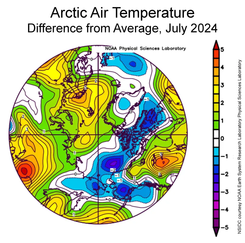 Figure 2a. This plot shows the departure from the 1981 to 2010 average air temperature in the Arctic at the 925 hPa level, in degrees Celsius, for July 2024. Yellows and reds indicate above average temperatures; blues and purples indicate below average temperatures.