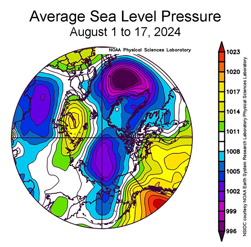 Figure 2b. This plot shows average sea level pressure in the Arctic in millibars from August 1 to 17, 2024. Yellows and reds indicate high air pressure; blues and purples indicate low pressure.