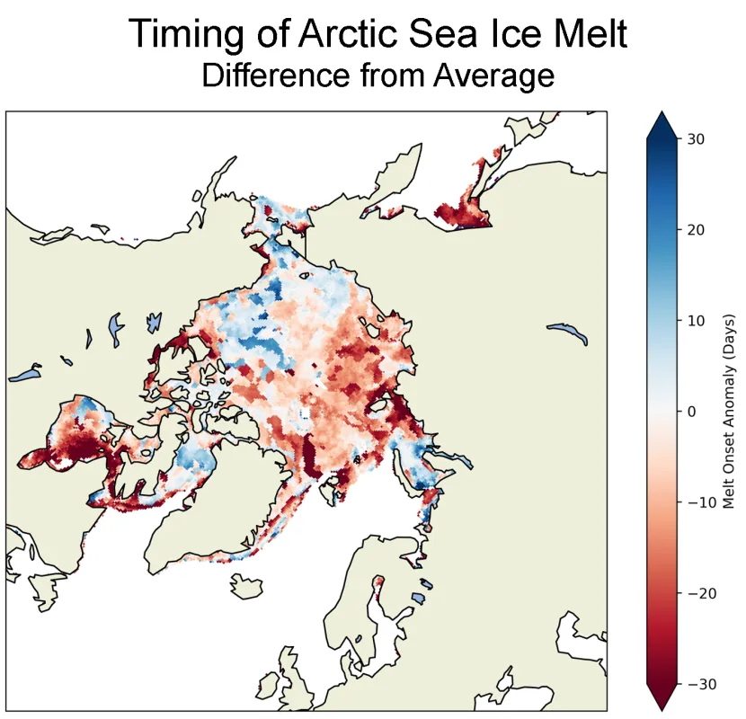 Figure 3b. This map shows the date of sea ice melt onset in the Arctic for the 2024 melt season compared to the 1981 to 2010 average. Shades in red depict sea ice melt up to 30 days earlier than average, while shades in blue depict melt up to 30 days later than average.