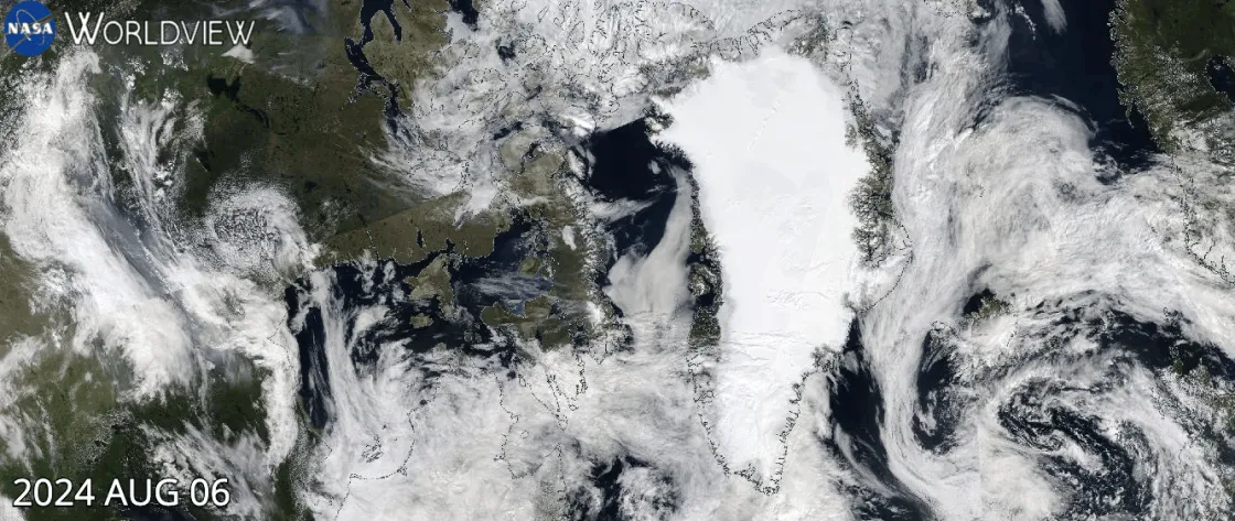 Figure 5. Click to animate. This NASA Worldview image shows how smoke from Canadian wildfires moved through the Arctic from August 6 to 18, 2024.