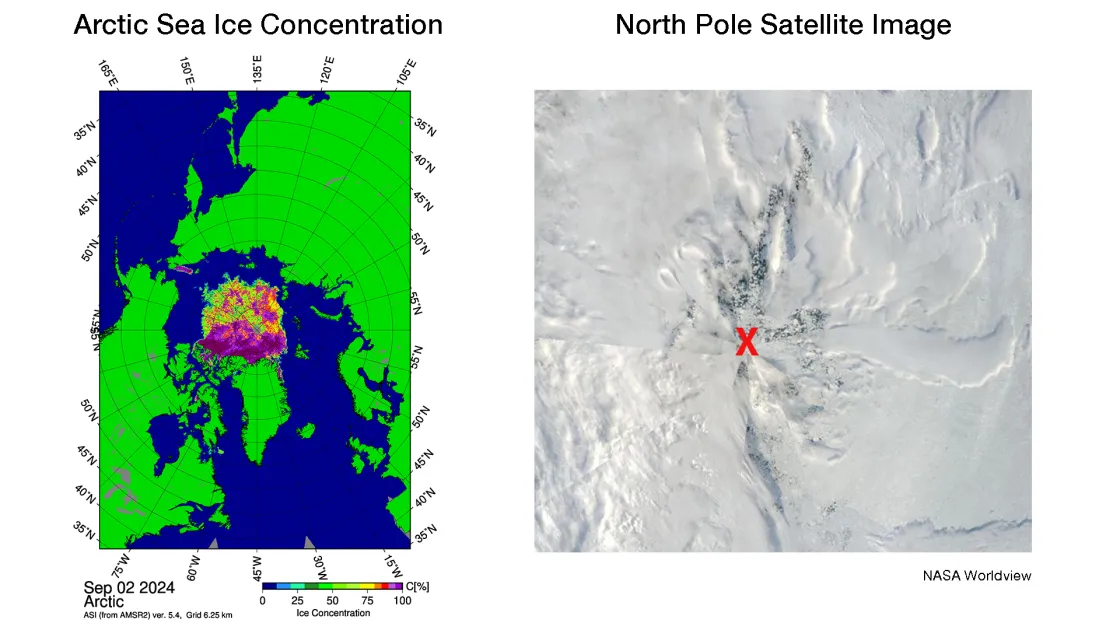 Arctic sea ice concentration shown in map and via satellite image