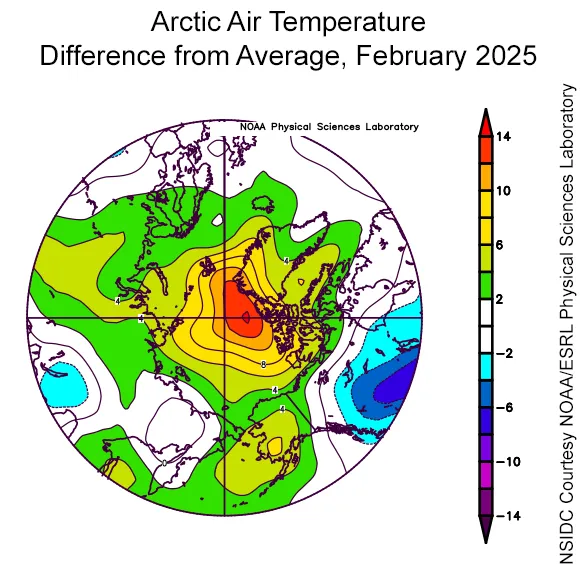 Map of February Arctic air temperature