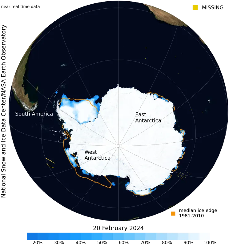 This NASA blue marble image shows Antarctic sea ice extent on February 20, 2024, when sea ice reached its minimum extent for the year. Sea ice extent for February 20 averaged 1.99 million square kilometers (768,000 square miles)—hitting a near-record low in the 46-year satellite record. 