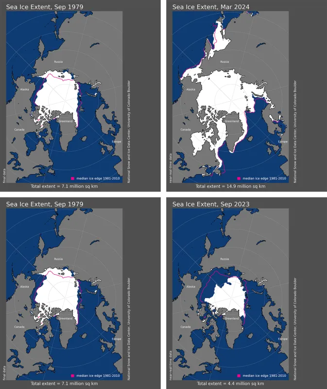 Maps comparing Arctic sea ice extent in September and March