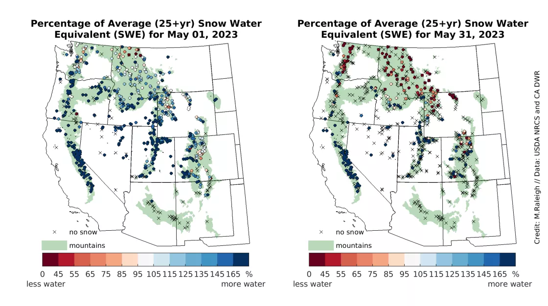 snow water equivalent (SWE) at monitoring sites at the start of May 2023, and the right map shows SWE at the end of May 2023