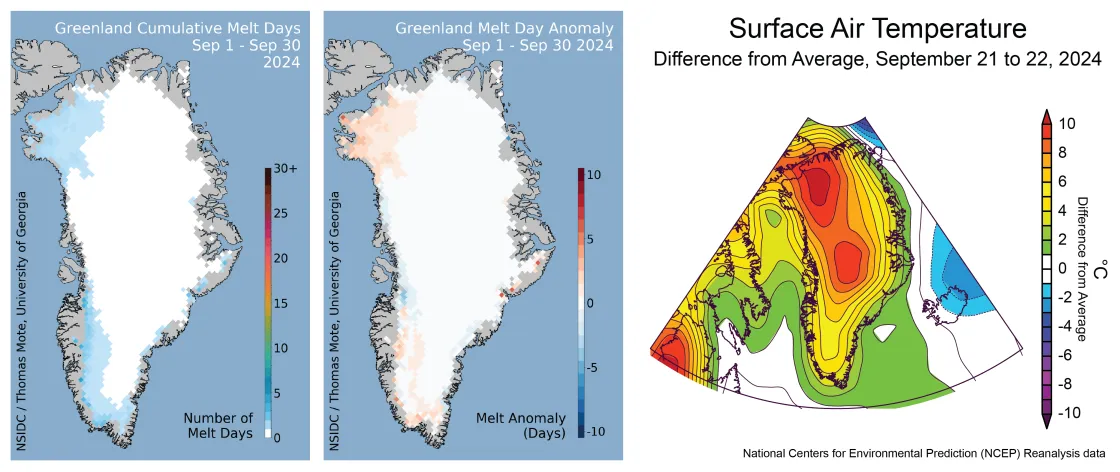 cumulative melt extent and as a difference from average for September 2024; Surface air temperatures on right for September 21 and 22, 2024