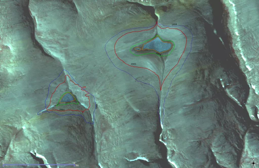 Illustrated data image showing retreat of St. Patrick Bay ice caps