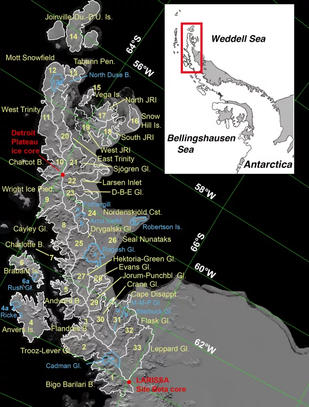 This map shows the location and outline of basins and sub-basins in the study area. Major drainage basins are outlined in white, sub-basins are indicated in blue. Credit: Ted Scambos, NSIDC