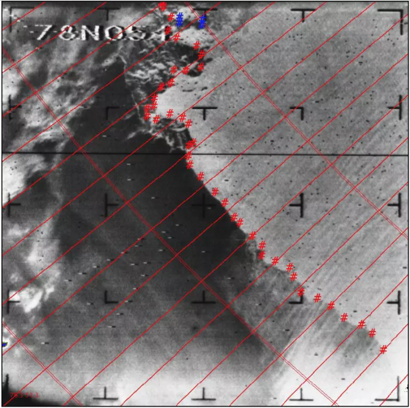 A single frame image of the Arctic ice edge north of Russia near Franz Josef Land (centered at 78 degrees North and 54 degrees East) on September 4, 1964, after processing by the National Snow and Ice Data Center. The estimated boundary between the ice and ocean is marked by red hash tags; openings, or leads, within the ice are marked by blue hash tags. Credit: NSIDC