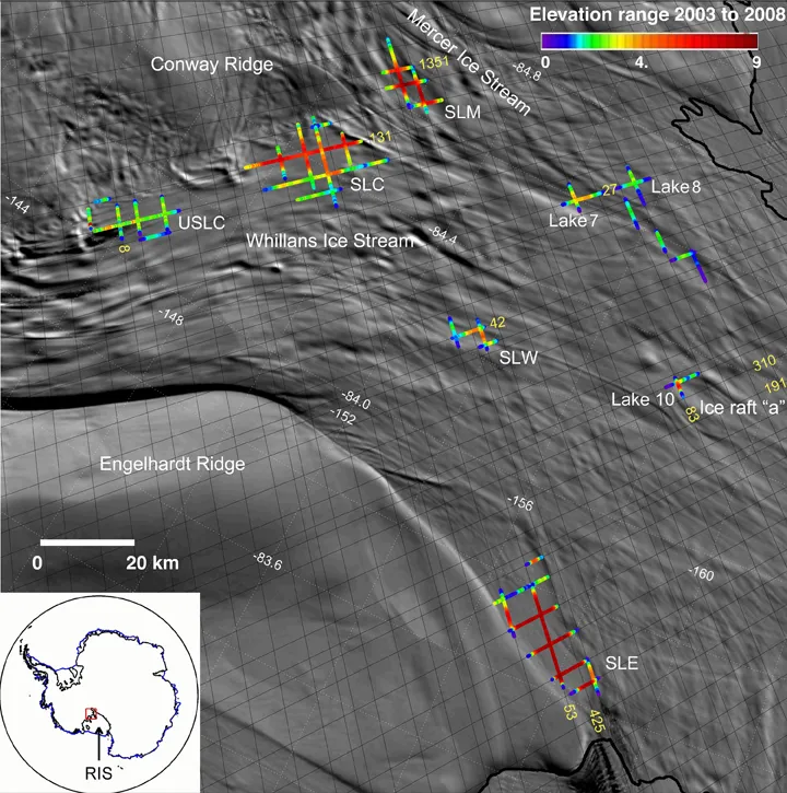 ICESat tracks of Antarctic subglacial lakes