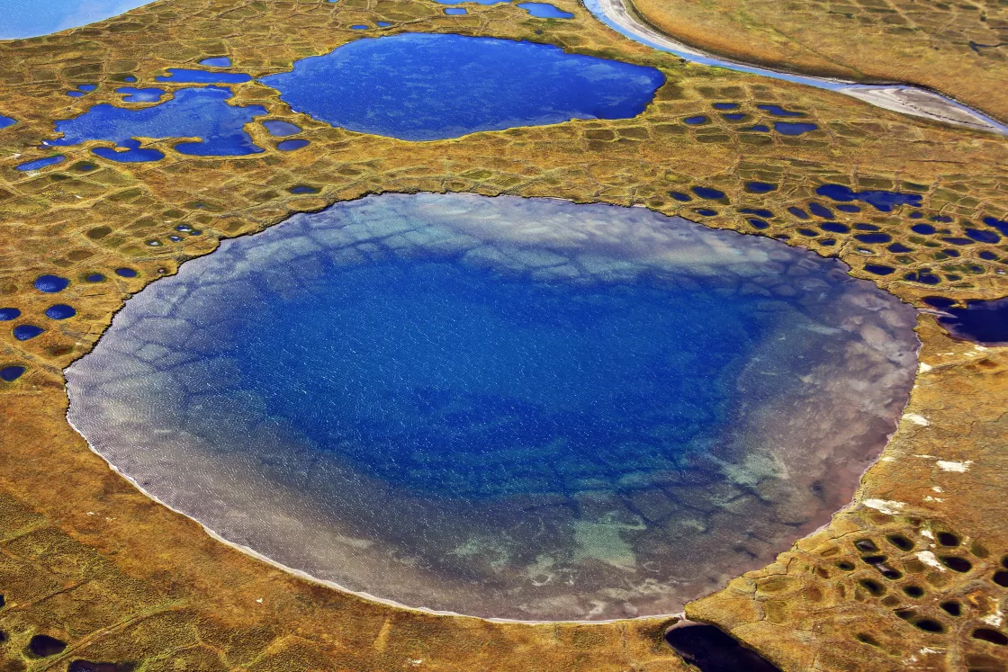 Aerial landscape image of patterned ground on Taymyr Peninsula, Russia