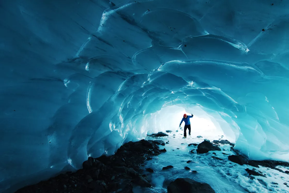 Skating into an ice cave. Byron Glacier, Chugach National Forest, Alaska