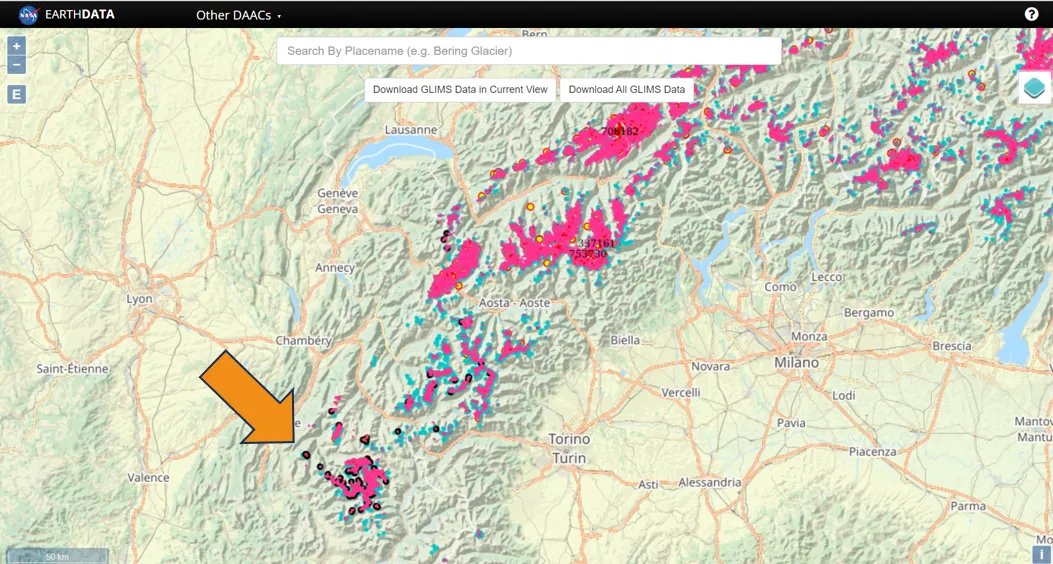 Black dots indicate disappeared glaciers on the Global Land Ice Measurements from Space Glacier Viewer.